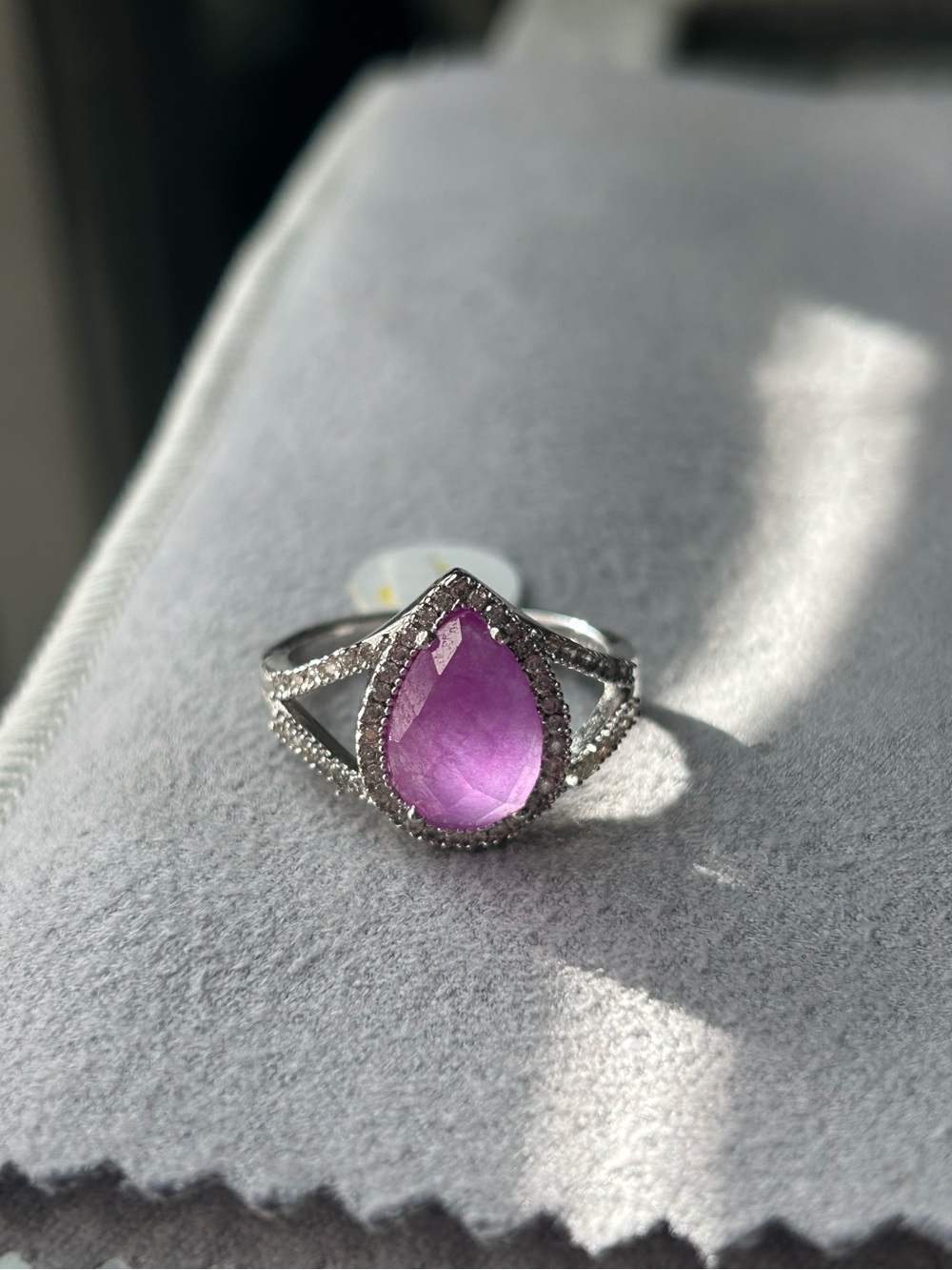 Fuchsia Color Teardrop Gemstone Halo Ring with Pavé Split Shank